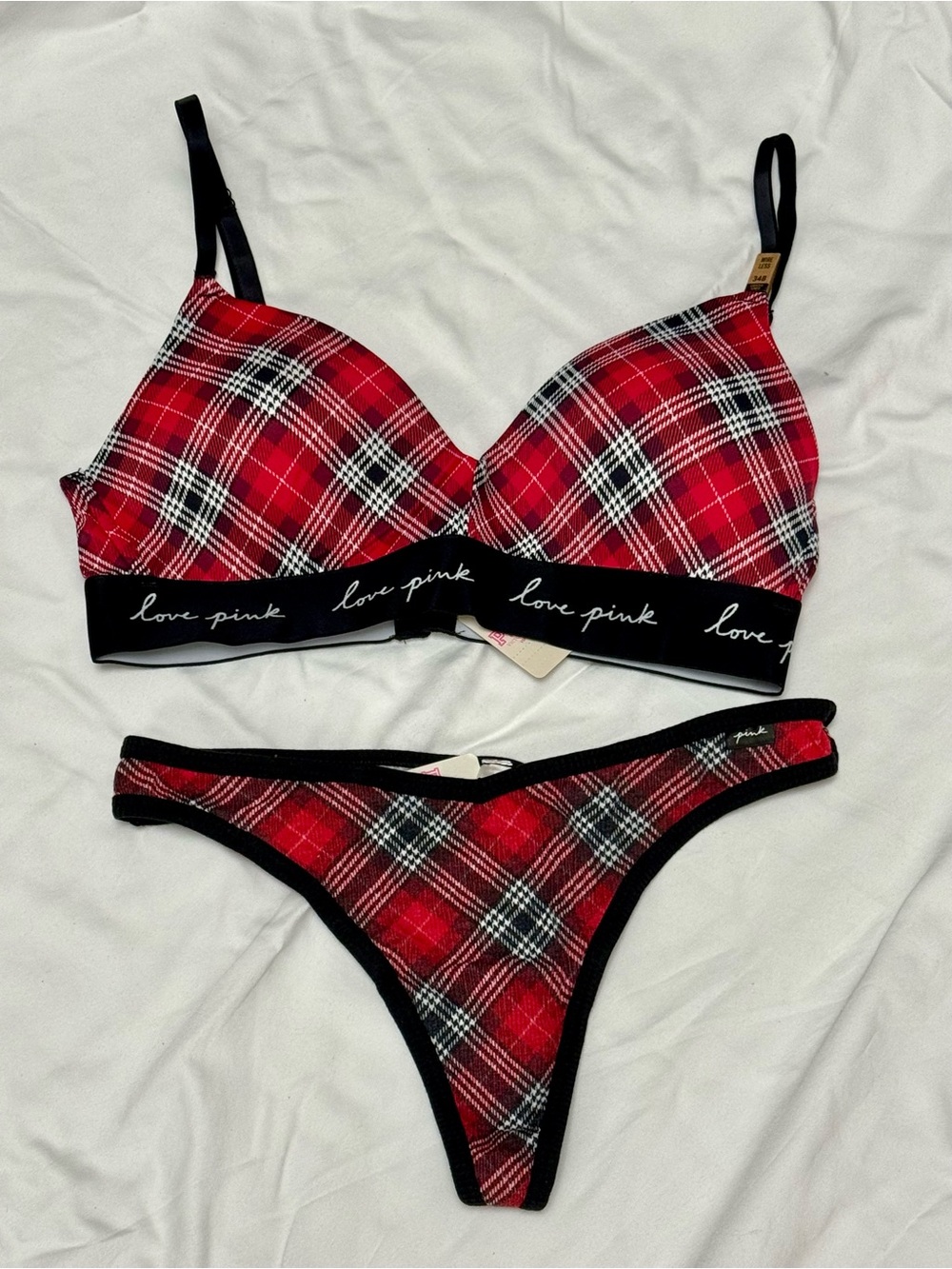 PINK Victoria's Secret Red Plaid Bra & Thong Set with Black Trim